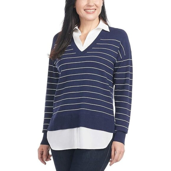 Hilary Radley Women's Plus Size XXL Blue Off White Stripe Collared Sweater NWT - Picture 1 of 5